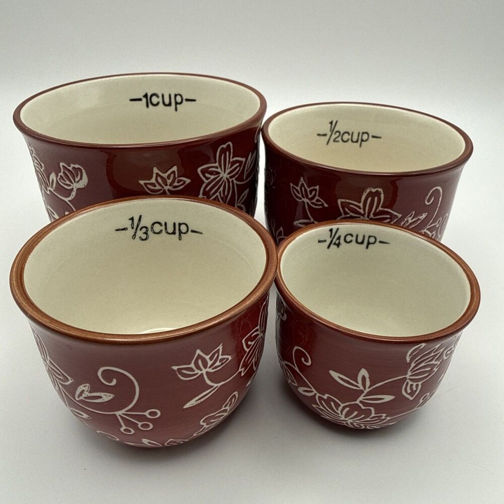 Temp-tations By Tara Floral Lace Measuring 4 Cups Nesting Cup Set Cranberry EUC